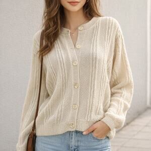 L.L. Bean Cream Cable Knit Cardigan Sweater Women’s Large 40” Chest